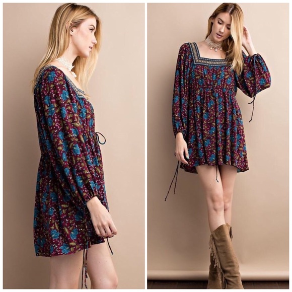 ❗️CLOSING SALE❗️Deep Wine & Blue Long Sleeve Dress - Picture 2 of 3